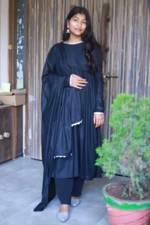 Black Anarkali Suit with Palazzo & Dupatta – 3 Piece Set