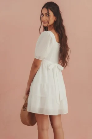 Elegant White Organza Frock with Puff Sleeves for Women