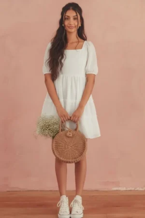 Elegant White Organza Frock with Puff Sleeves for Women