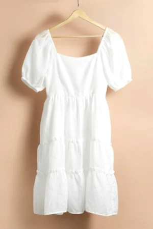 Elegant White Organza Frock with Puff Sleeves for Women