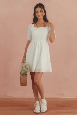 Elegant White Organza Frock with Puff Sleeves for Women