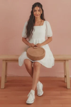 Elegant White Organza Frock with Puff Sleeves for Women