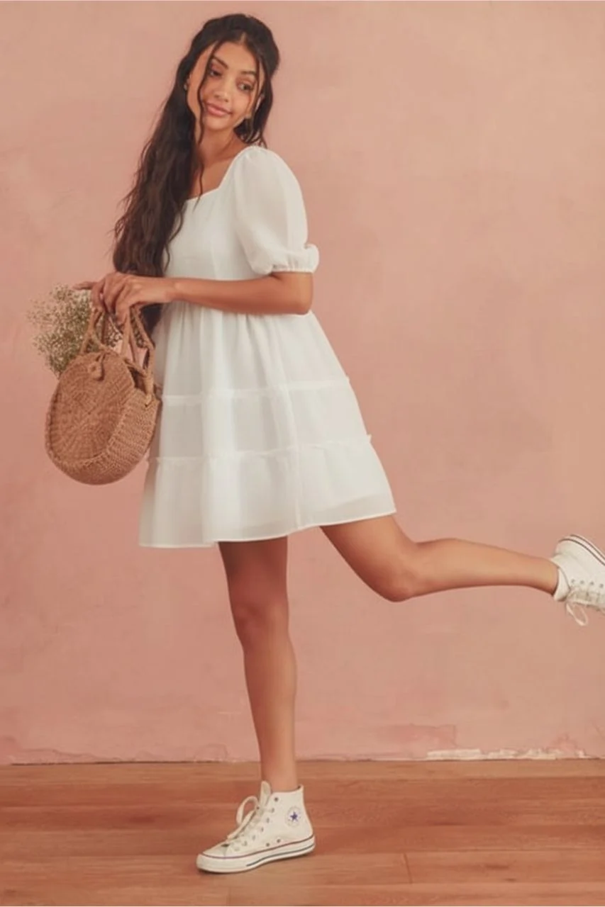 White Organza Frock with Puff Sleeves